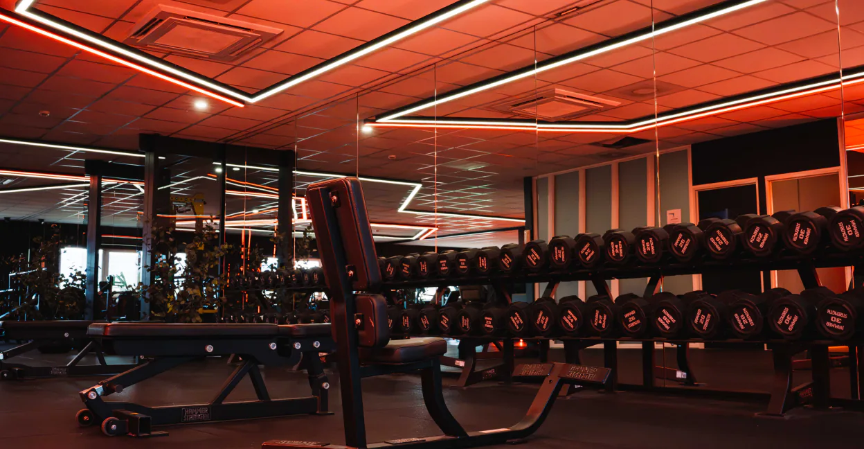 De dumbbellzaal van XXL Gym Nuenen met spiegelwand en lichtlijnen in het plafond
