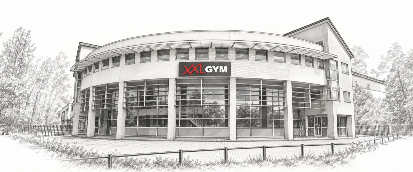 Potloodschets van het pand aan de Dragonder 1 in Valkenswaard, met het rode XXL Gym-logo boven de glazen gevel
